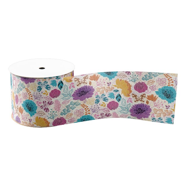 Blooming Love Floral Romantic Pink Purple Wedding Grosgrain Ribbon (Spool)