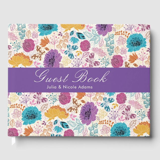Blooming Love Floral Romantic Pink Purple Wedding Guest Book (Front)
