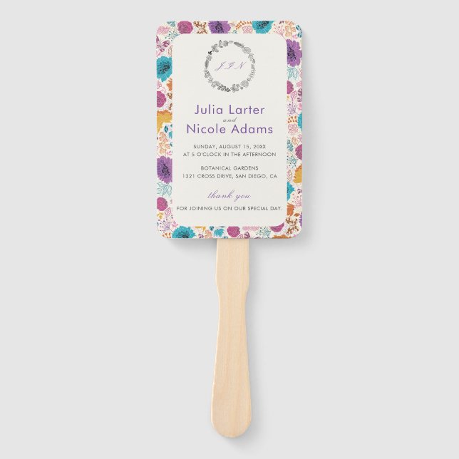 Blooming Love Floral Romantic Pink Purple Wedding Hand Fan (Front)