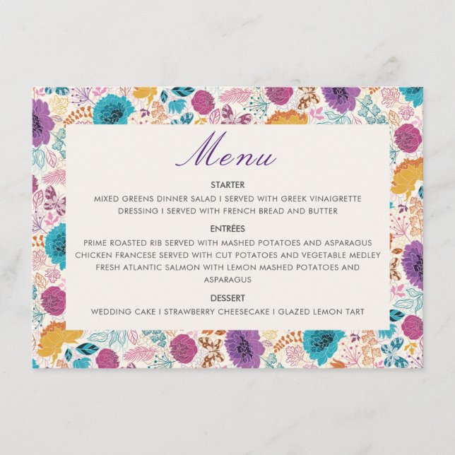 Blooming Love Floral Romantic Pink Purple Wedding Menu (Front)