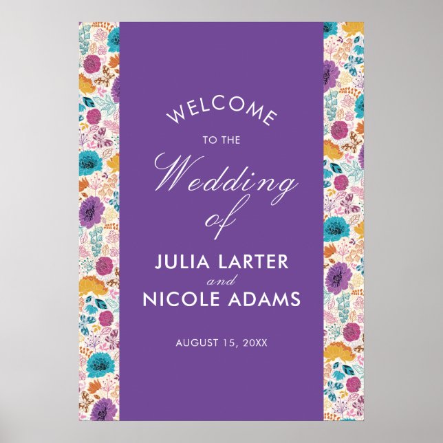 Blooming Love Floral Romantic Pink Purple Wedding Poster (Front)