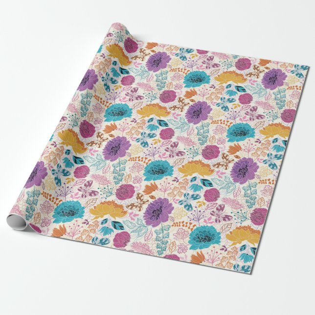 Blooming Love Floral Romantic Pink Purple Wedding Wrapping Paper (Unrolled)