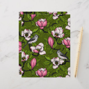 Blooming magnolia and titmouse bird 2