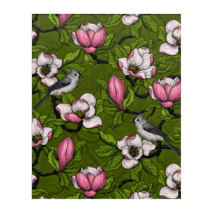 Blooming magnolia and titmouse bird 2 acrylic print