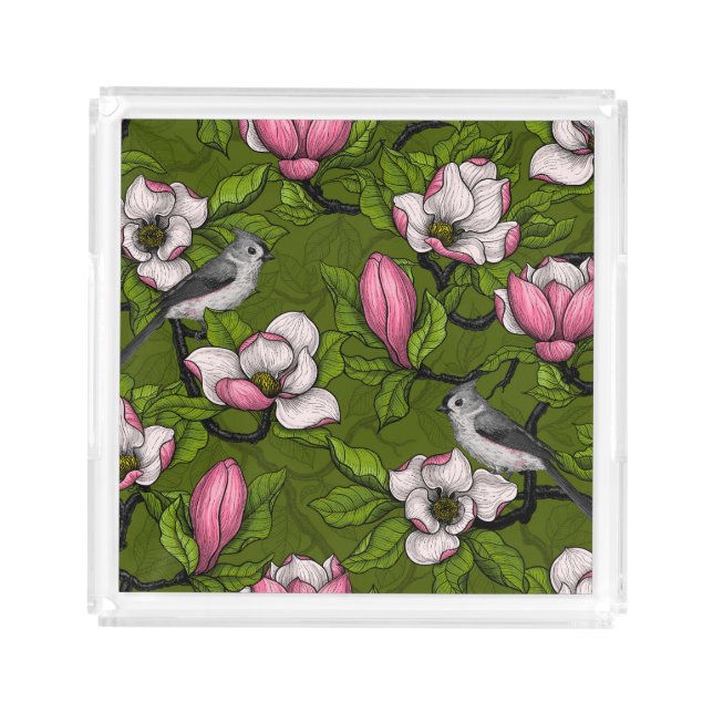 Blooming magnolia and titmouse bird 2 acrylic tray (Front)