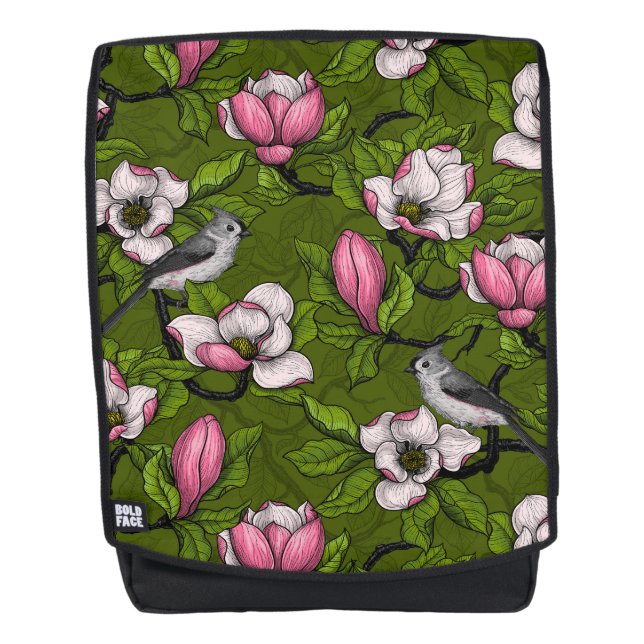 Blooming magnolia and titmouse bird 2 backpack (Front)