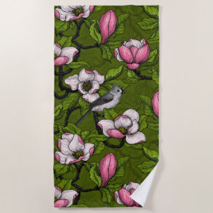 Blooming magnolia and titmouse bird 2 beach towel
