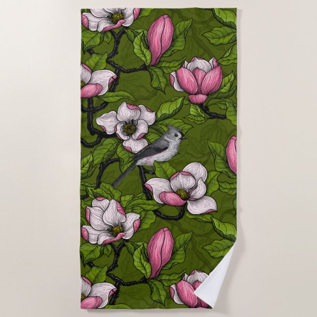 Blooming magnolia and titmouse bird 2 beach towel (Front)