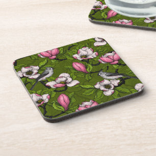 Blooming magnolia and titmouse bird 2 beverage coaster