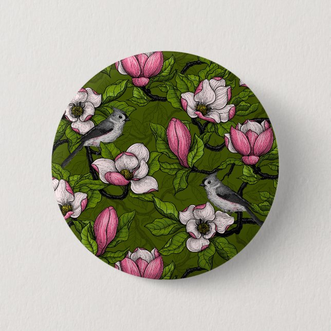Blooming magnolia and titmouse bird 2 button (Front)