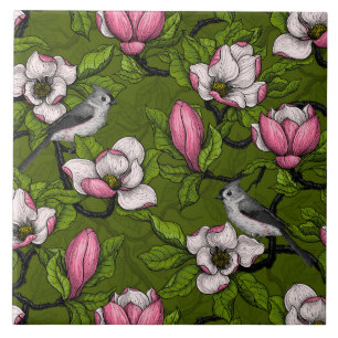 Blooming magnolia and titmouse bird 2 ceramic tile