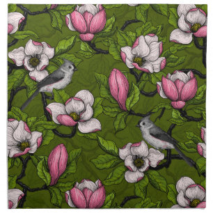 Blooming magnolia and titmouse bird 2 cloth napkin