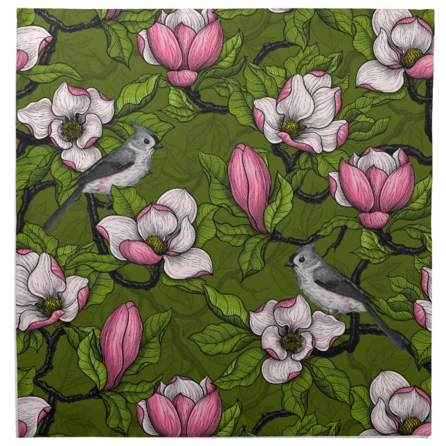 Blooming magnolia and titmouse bird 2 cloth napkin (Front)