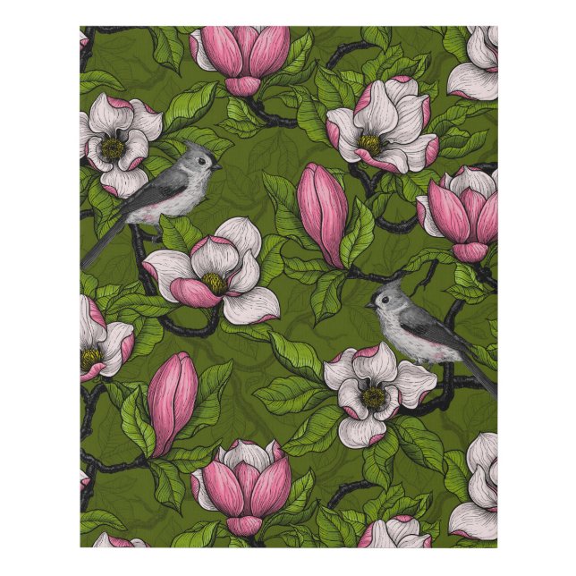 Blooming magnolia and titmouse bird 2 faux canvas print (Front)