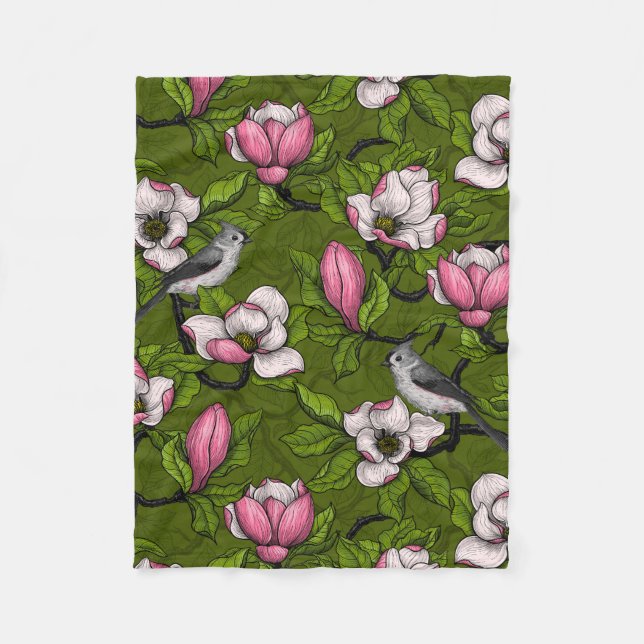 Blooming magnolia and titmouse bird 2 fleece blanket (Front)