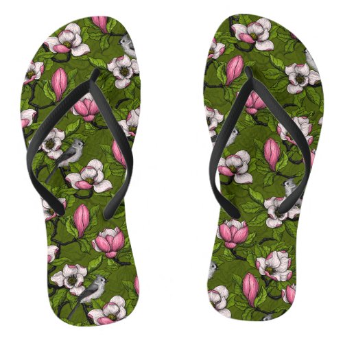 Blooming magnolia and titmouse bird 2 flip flops