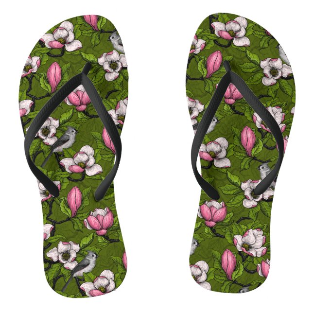 Blooming magnolia and titmouse bird 2 flip flops (Footbed)