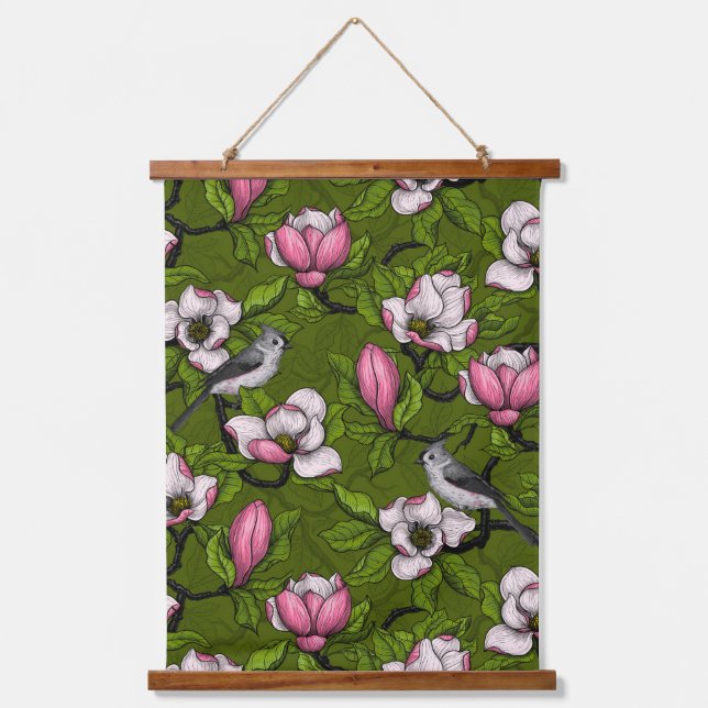 Blooming magnolia and titmouse bird 2 hanging tapestry (Front)