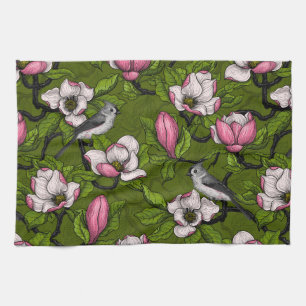 Blooming magnolia and titmouse bird 2 kitchen towel