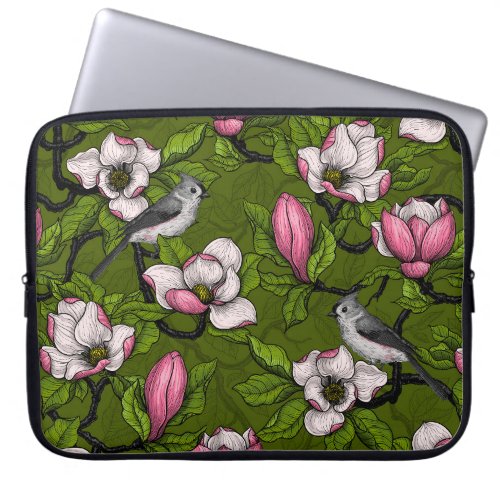 Blooming magnolia and titmouse bird 2 laptop sleeve