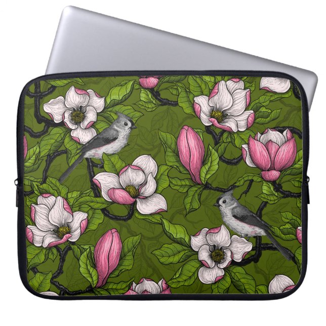 Blooming magnolia and titmouse bird 2 laptop sleeve (Front)