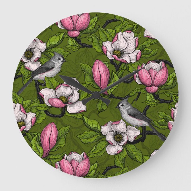 Blooming magnolia and titmouse bird 2 large clock (Front)