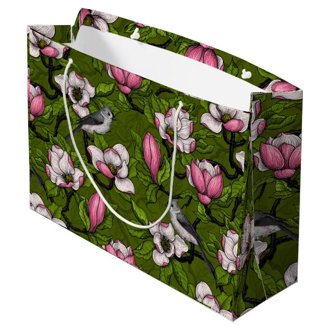 Blooming magnolia and titmouse bird 2 large gift bag (Back Angled)