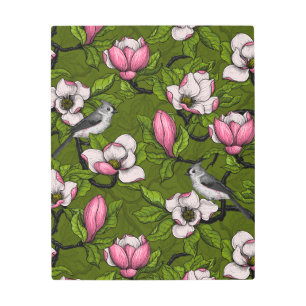 Blooming magnolia and titmouse bird 2 metal print