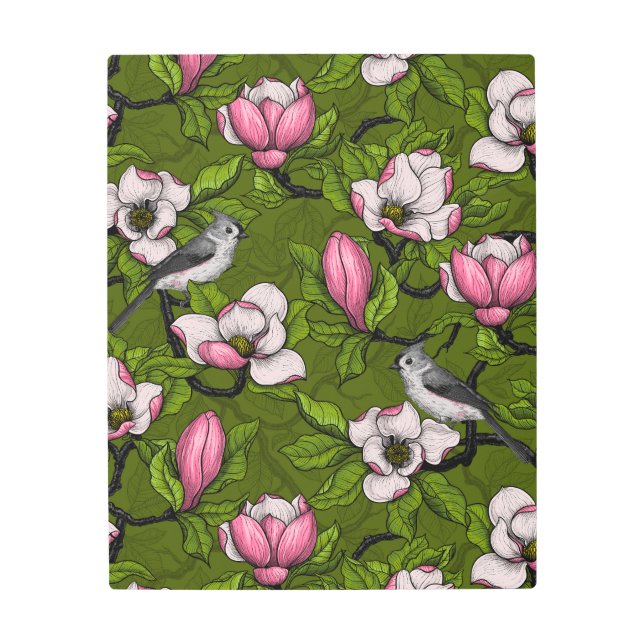 Blooming magnolia and titmouse bird 2 metal print (Front)