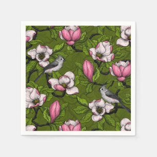 Blooming magnolia and titmouse bird 2 napkins