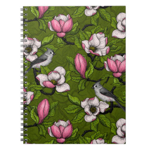 Blooming magnolia and titmouse bird 2 notebook