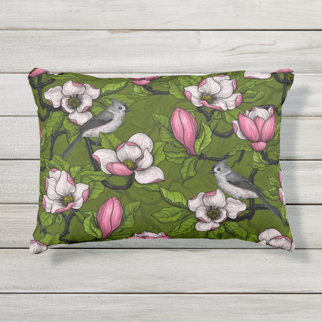 Blooming magnolia and titmouse bird 2 outdoor pillow (Front)
