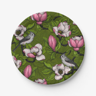 Blooming magnolia and titmouse bird 2 paper plates