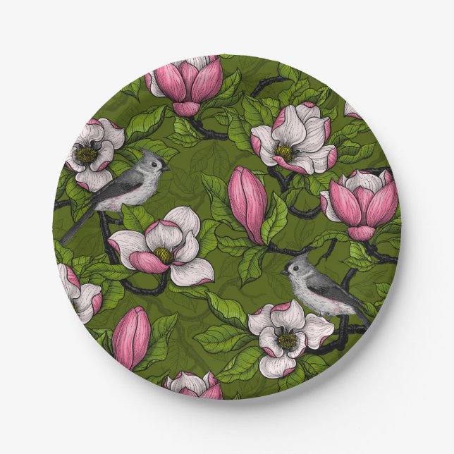 Blooming magnolia and titmouse bird 2 paper plates (Front)