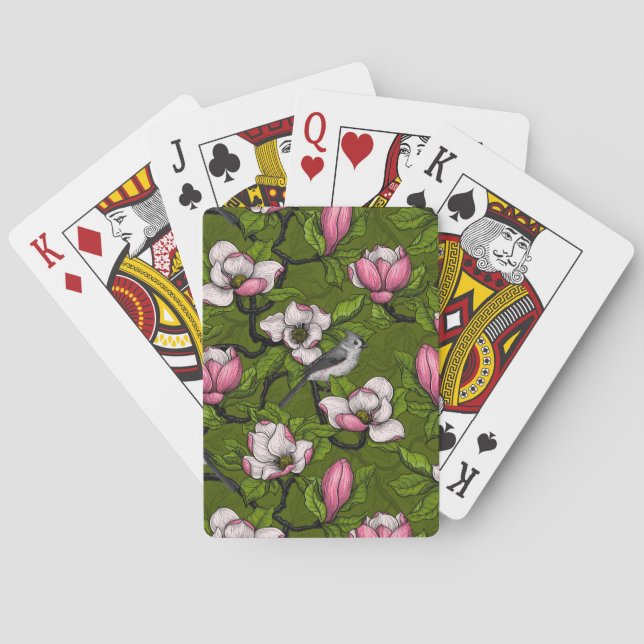 Blooming magnolia and titmouse bird 2 poker cards (Back)