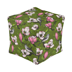 Blooming magnolia and titmouse bird 2 pouf