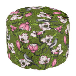 Blooming magnolia and titmouse bird 2 pouf