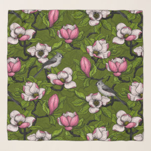Blooming magnolia and titmouse bird 2 scarf