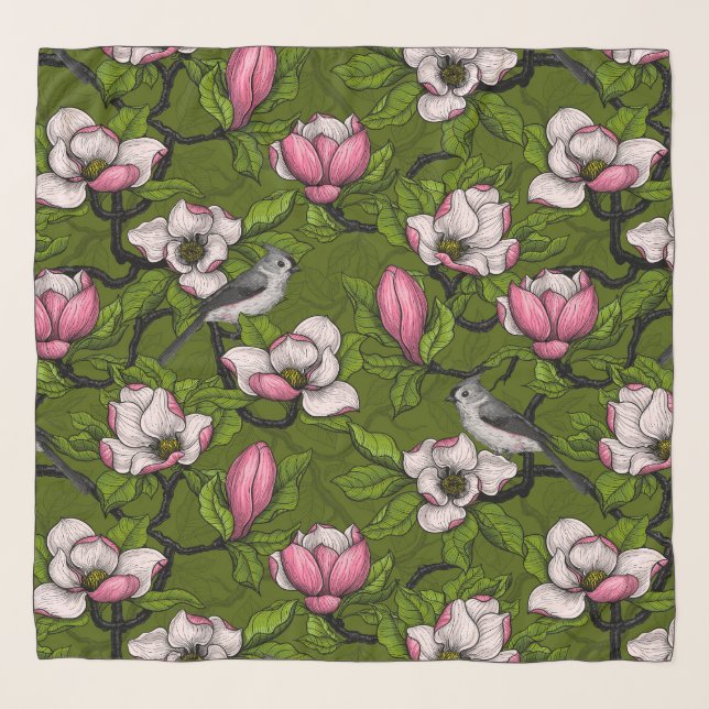 Blooming magnolia and titmouse bird 2 scarf (Front)