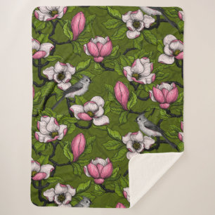 Blooming magnolia and titmouse bird 2 sherpa blanket