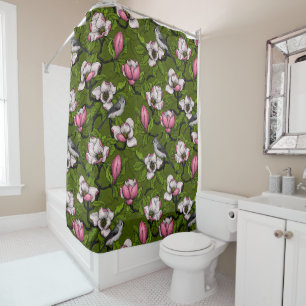 Blooming magnolia and titmouse bird 2 shower curtain