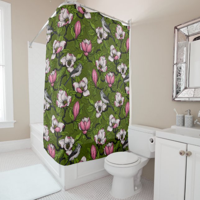 Blooming magnolia and titmouse bird 2 shower curtain (In Situ)