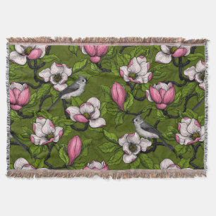 Blooming magnolia and titmouse bird 2 throw blanket