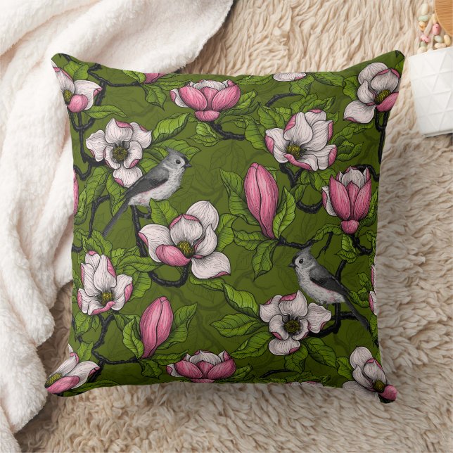 Blooming magnolia and titmouse bird 2 throw pillow (Blanket)
