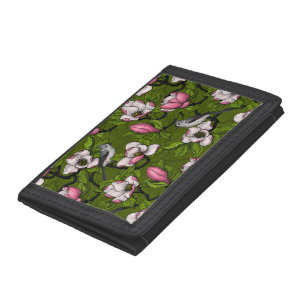 Blooming magnolia and titmouse bird 2 trifold wallet