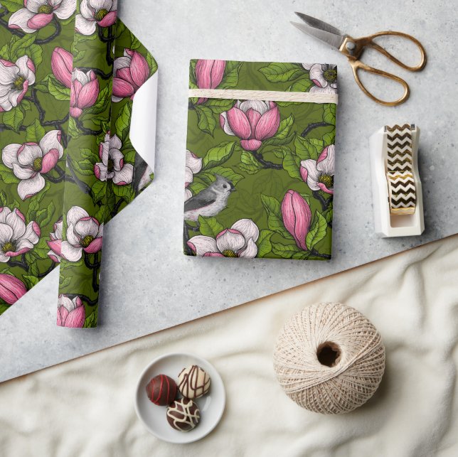 Blooming magnolia and titmouse bird 2 wrapping paper (Crafts)