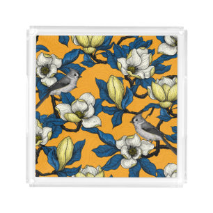 Blooming magnolia and titmouse bird 3 acrylic tray