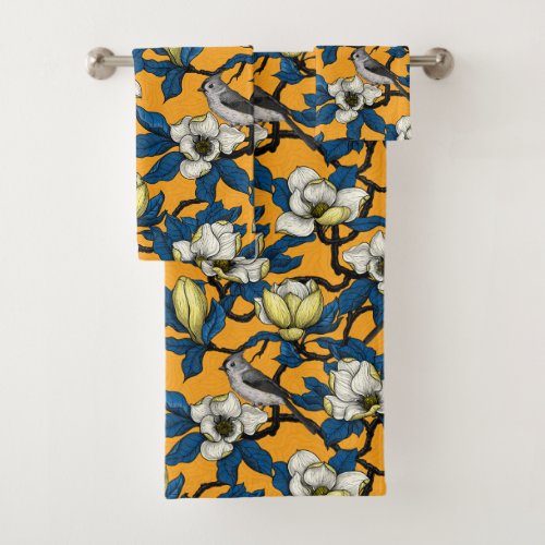 Blooming magnolia and titmouse bird 3 bath towel set