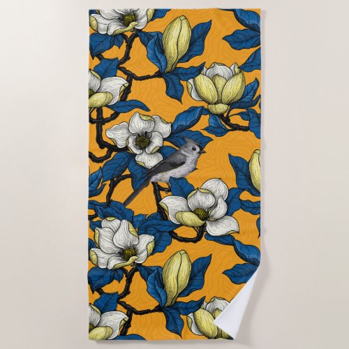 Blooming magnolia and titmouse bird 3 beach towel