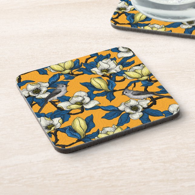 Blooming magnolia and titmouse bird 3 beverage coaster (Left Side)